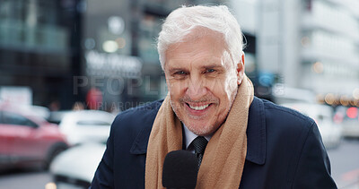 Buy stock photo Microphone, portrait and smile of reporter man in city for breaking news broadcast or update. Announcement, happy and information with mature journalist outdoor in street for live coverage or report