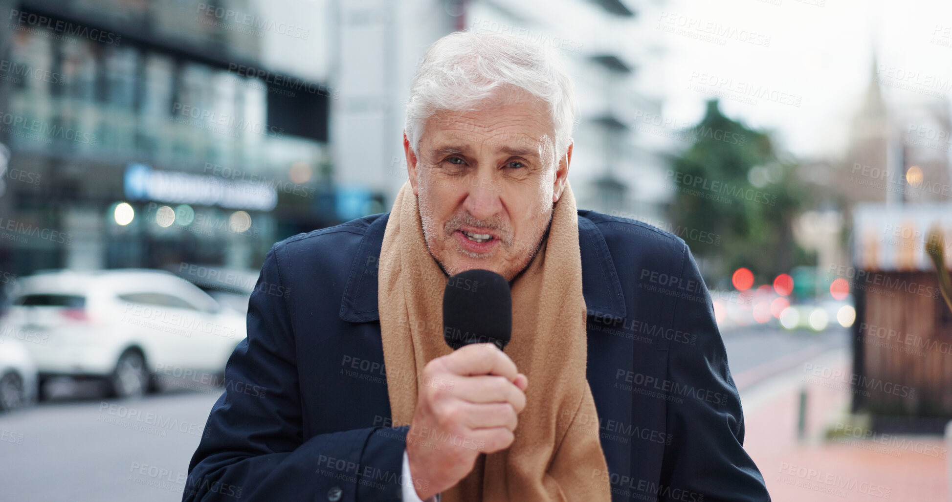 Buy stock photo Announcement, microphone and portrait of reporter in city for breaking news broadcast or update. Information, journalism and report with mature anchor man outdoor in street for live coverage
