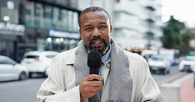 Buy stock photo Broadcast, microphone and portrait of black man in city for breaking news headline or update. Announcement, information and journalism with mature reporter outdoor in street for live coverage