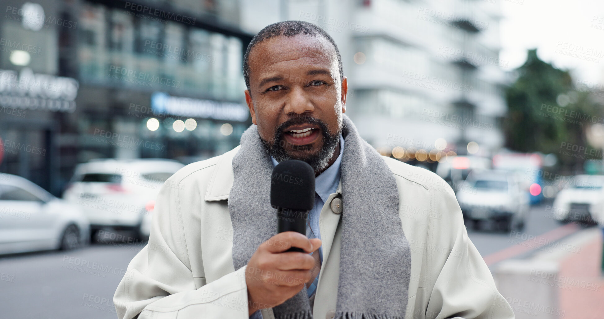 Buy stock photo Broadcast, microphone and portrait of black man in city for breaking news headline or update. Announcement, information and journalism with mature reporter outdoor in street for live coverage