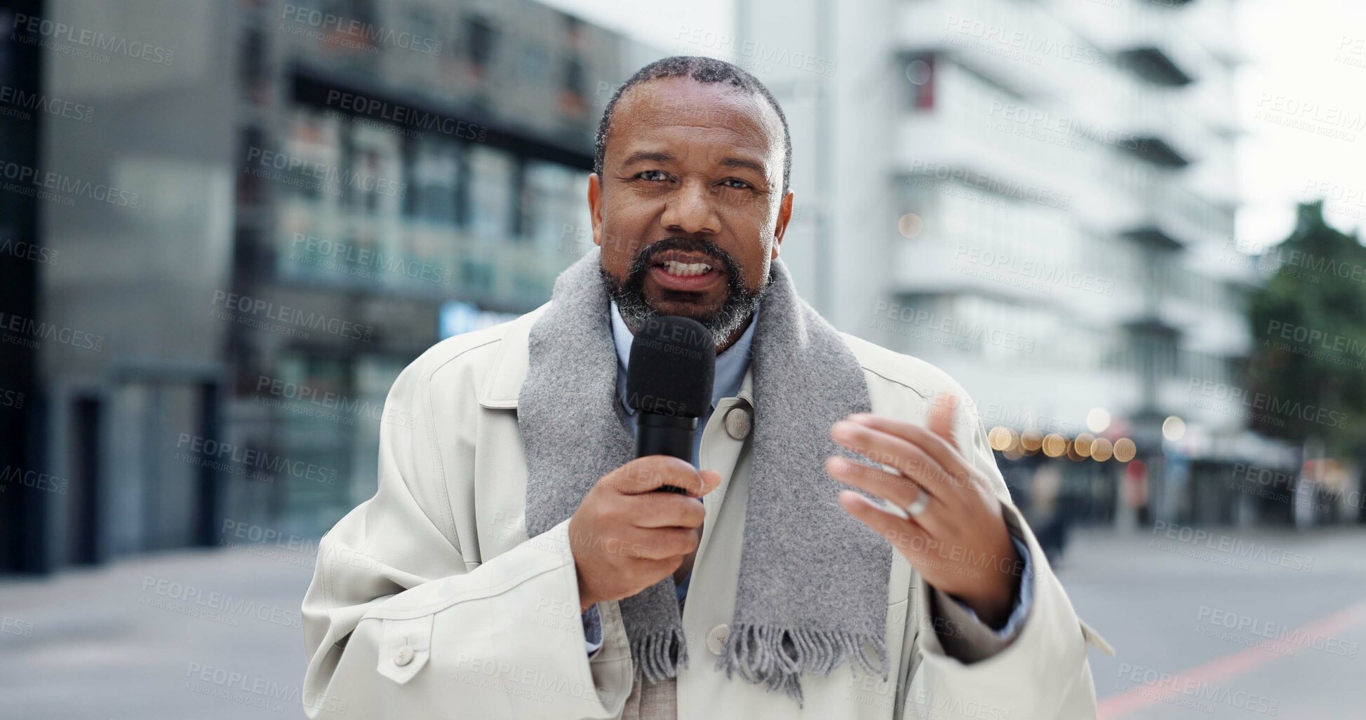 Buy stock photo Journalism, microphone and portrait of black man in city for breaking news broadcast or update. Announcement, information and report with mature anchor or host outdoor in street for live coverage