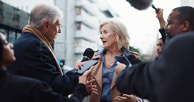 Buy stock photo Politician, woman or talk with reporter for election announcement, campaign opinion or reaction. Mature person, mayor candidate or media for politics discussion, question or PR statement in New York.