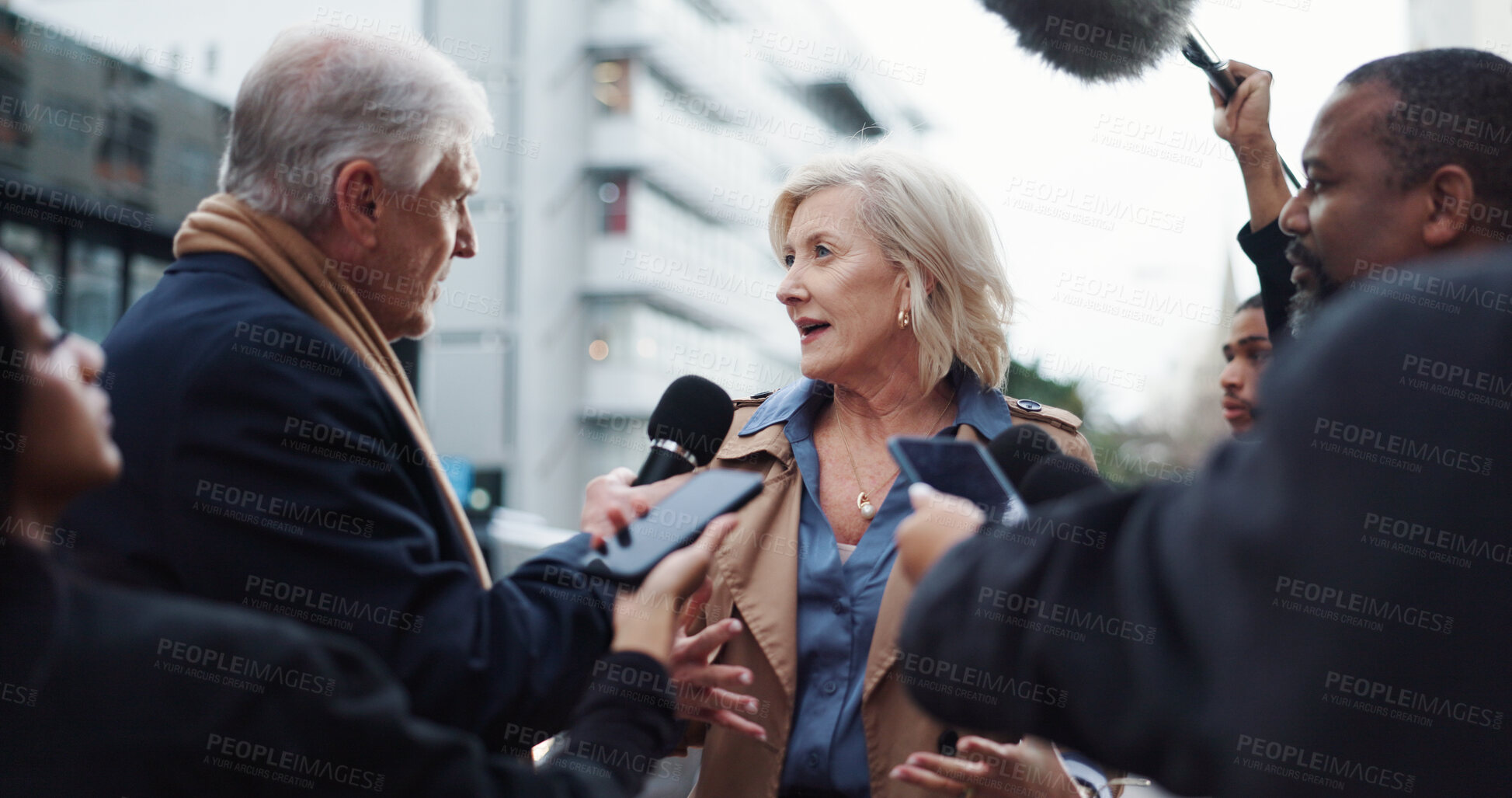 Buy stock photo Politician, woman or talk with reporter for election announcement, campaign opinion or reaction. Mature person, mayor candidate or media for politics discussion, question or PR statement in New York.