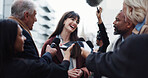 Woman, publicist and press with questions, city and discussion with reporters for election interview. Happy, representative and outdoor with journalists for campaign updates, news and people with mic
