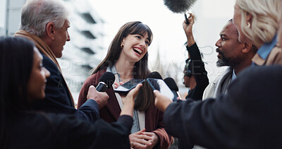 Buy stock photo Woman, publicist and press with questions, city and discussion with reporters for election interview. Happy, representative and outdoor with journalists for campaign updates, news and people with mic