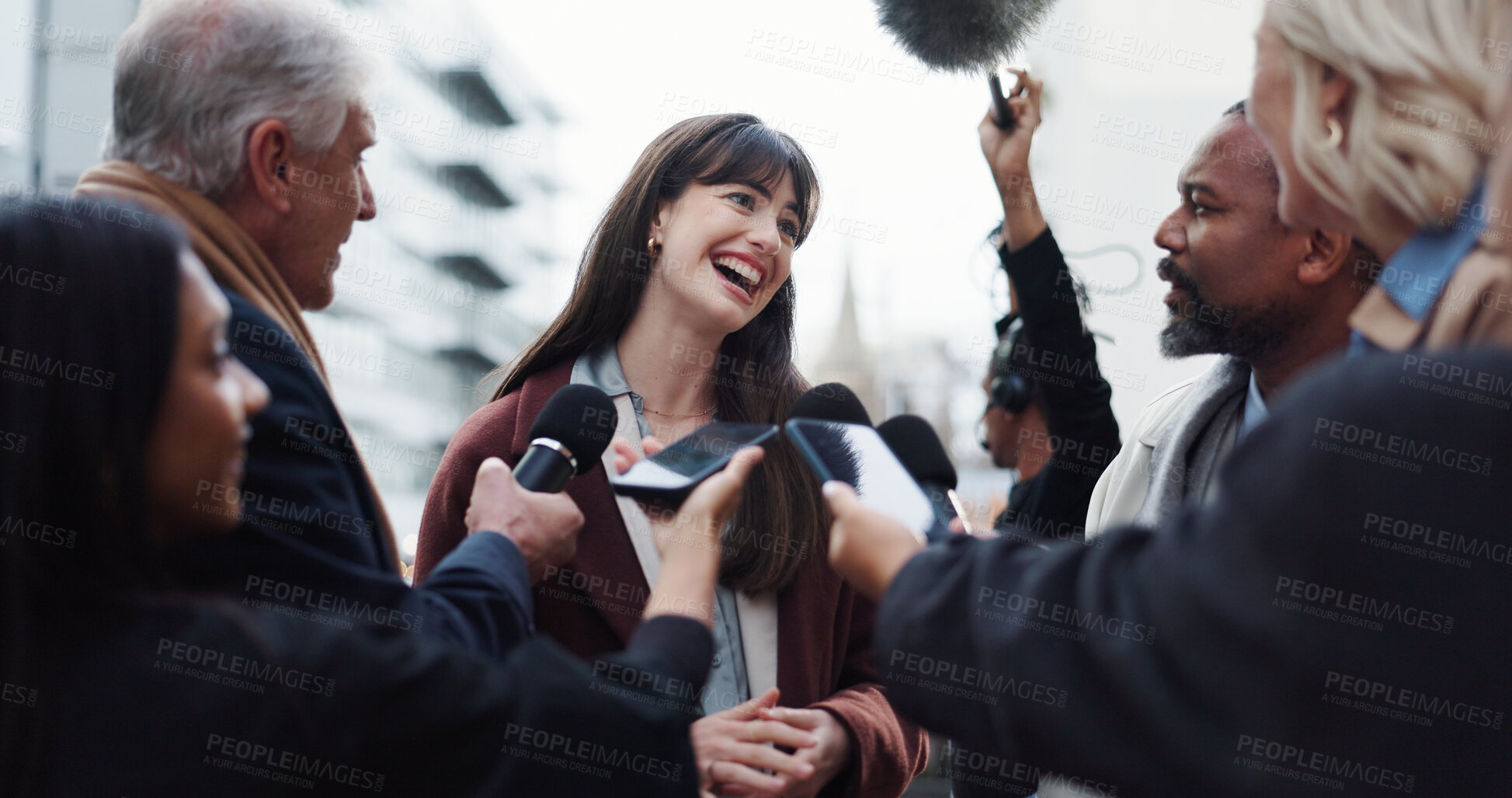 Buy stock photo Woman, publicist and press with questions, city and discussion with reporters for election interview. Happy, representative and outdoor with journalists for campaign updates, news and people with mic