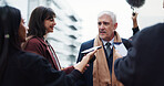 Politician, man or discussion with journalist for election announcement, campaign opinion or reaction. Mature person, crowd or media for politics question, conversation or mayor vote in New York City