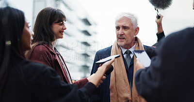 Buy stock photo Politician, man or discussion with journalist for election announcement, campaign opinion or reaction. Mature person, crowd or media for politics question, conversation or mayor vote in New York City