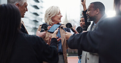 Buy stock photo Politician, woman or interview with reporter for election announcement, campaign opinion or reaction. Mature person, media or mayor candidate talk for politics event, qna or PR statement in New York.