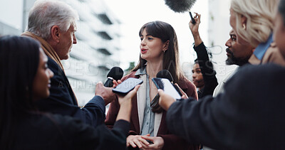 Buy stock photo Woman, spokesperson and press with questions, city and journalists with election talk and interview. Happy, representative and outdoor with reporters for campaign updates, news and people with mic