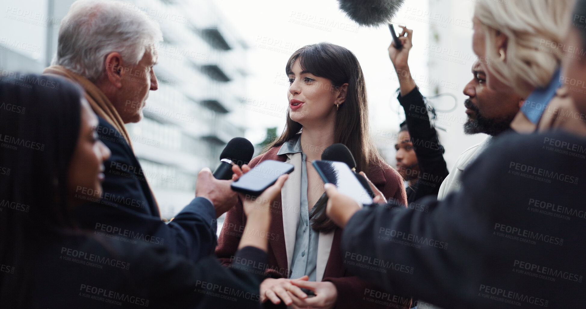 Buy stock photo Woman, spokesperson and press with questions, city and journalists with election talk and interview. Happy, representative and outdoor with reporters for campaign updates, news and people with mic