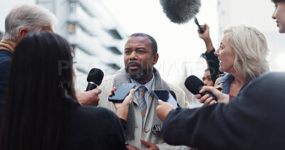 Buy stock photo Politician, man or discussion with reporter for election announcement, campaign opinion and reaction. Mayor candidate, people and media for politics event, qna and vote results statement in New York