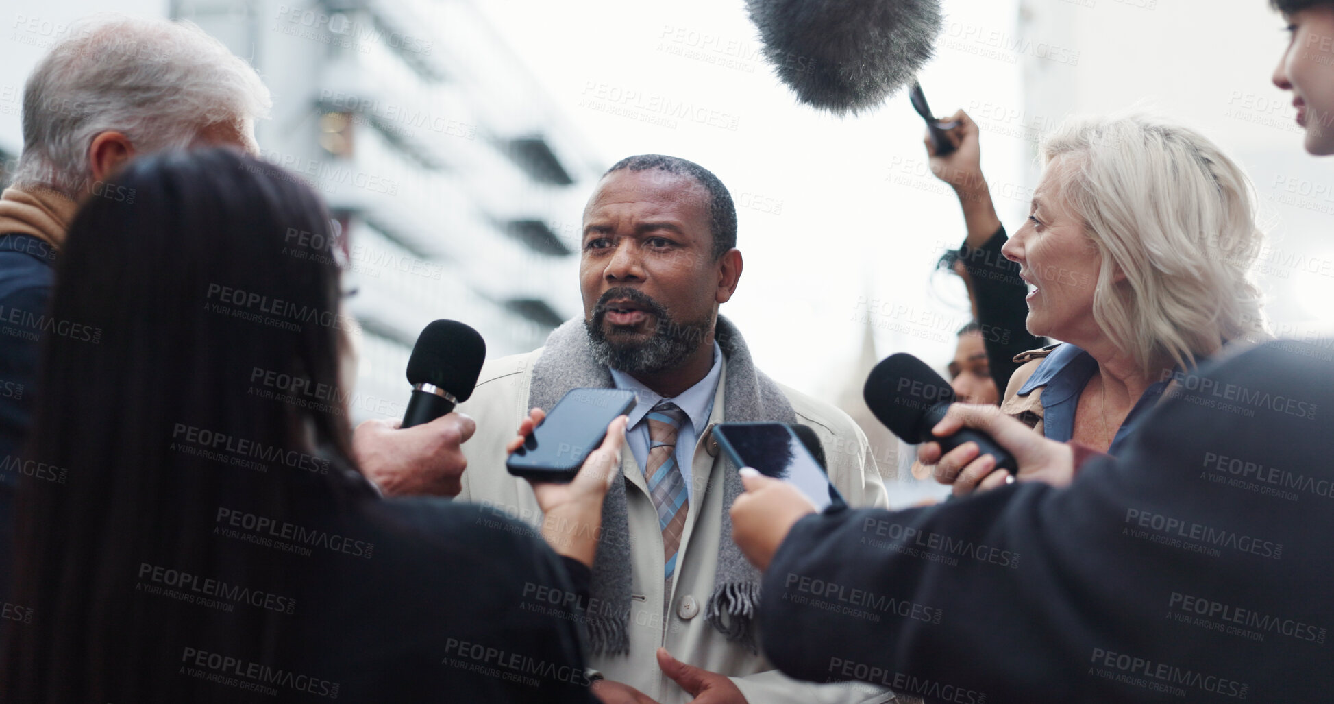 Buy stock photo Politician, man or discussion with reporter for election announcement, campaign opinion and reaction. Mayor candidate, people and media for politics event, qna and vote results statement in New York