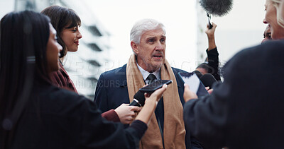 Buy stock photo Politician, man or talk with reporter for election results announcement, campaign opinion or reaction. Mature person, crowd and media for politics discussion, question or mayor vote in New York City.