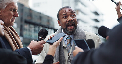 Buy stock photo Man, politician and discussion with journalists, city and press with election questions and talking. Outdoor, interview and minister with reporters for campaign update, media and people with mic