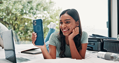 Buy stock photo Happy woman, travel or suitcase with selfie on bed for photography, picture or memory in hotel. Relax, female person or smile with capture moment for holiday vacation, app or weekend trip in resort