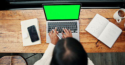 Buy stock photo Above, green screen and student in cafe with laptop, mock up and online assignment in ux design. Research, tech or girl in cafeteria with notebook, chroma key or digital report in e learning.