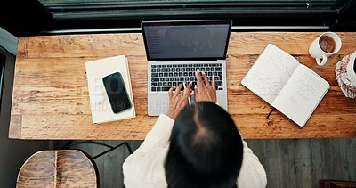 Buy stock photo Above, woman or remote work in home with laptop for HR support, payroll and benefits administration. Person, typing or report in house with computer for employee policy, management feedback or email.