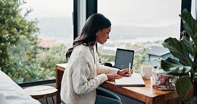 Buy stock photo Remote work, window and writing with woman in home office for agenda, planning or research. Desk, notebook and view with freelance employee in apartment for schedule of small business startup