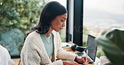 Buy stock photo Woman, writing or planning in home for remote work, HR support or daily administration with laptop. Freelancer, person or notes in house with agenda for task priority, freelance calendar or schedule.