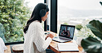 Contact, laptop screen and video call with woman at window in home for remote work communication. Computer, headphones and virtual meeting with freelance employee in apartment for small business