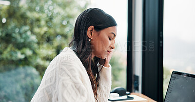 Buy stock photo Laptop, remote work and stress with woman at window in home for burnout, pressure or tension. Computer, headache and overworked with freelance employee in apartment for planning or research fatigue