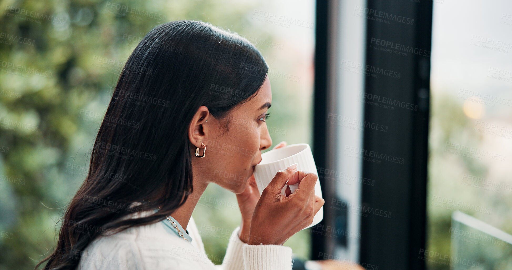 Buy stock photo Thinking, woman and drinking coffee in home with peace, calm and reflection with morning beverage. Tea, daydreaming and Indian person in house with window view, idea or planning on weekend break