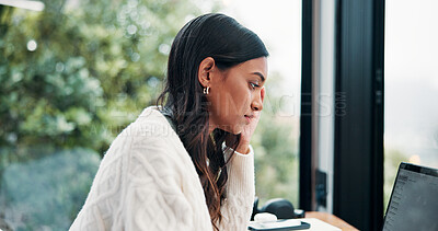 Buy stock photo Headache, laptop and remote work with woman at window in home for burnout, pressure or tension. Computer, overworked and stress with freelance employee in apartment for planning or research fatigue