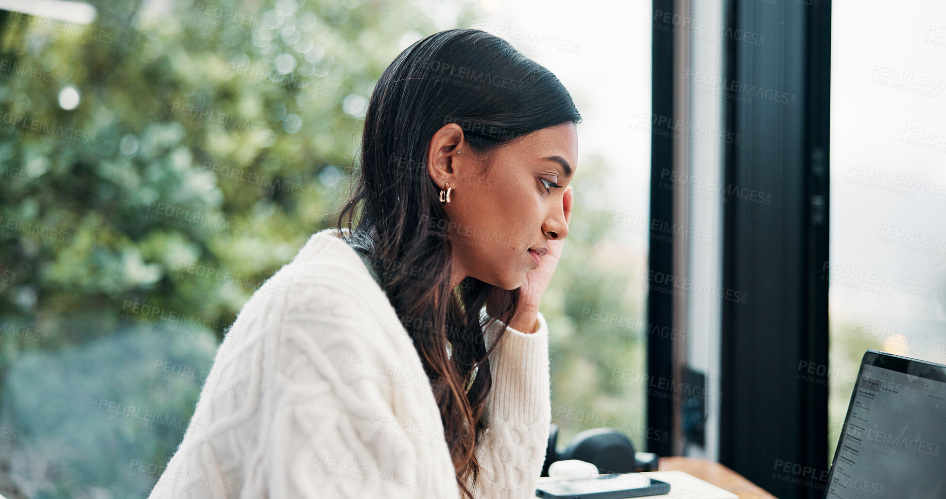 Buy stock photo Headache, laptop and remote work with woman at window in home for burnout, pressure or tension. Computer, overworked and stress with freelance employee in apartment for planning or research fatigue