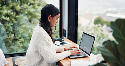 Buy stock photo Woman, typing or remote work in home with laptop for HR support, payroll or benefits administration. Person, email or report in house with computer for employee policy, management feedback or review.