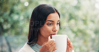 Buy stock photo Reflection, woman and drinking coffee in home with peace, calm and thinking with morning beverage. Tea, daydreaming and Indian person in house with idea, remember memory or planning on weekend break