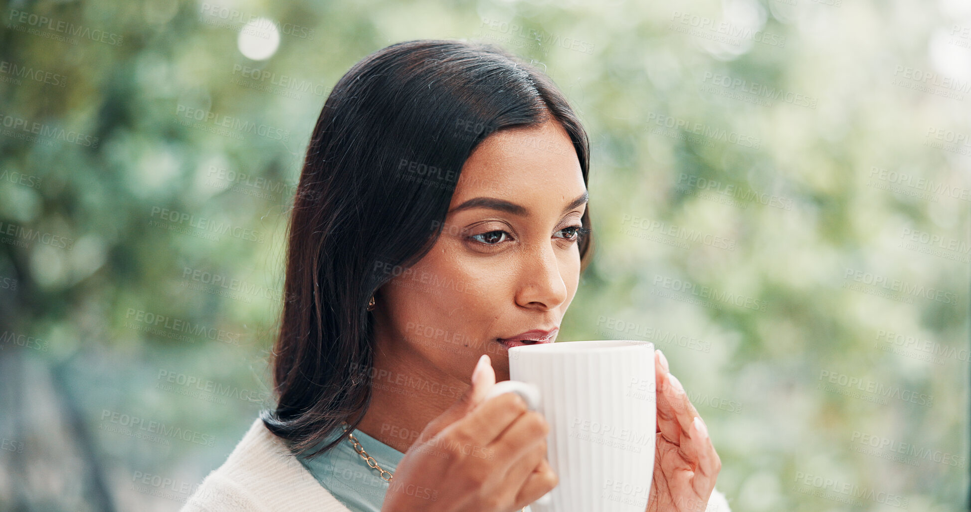 Buy stock photo Reflection, woman and drinking coffee in home with peace, calm and thinking with morning beverage. Tea, daydreaming and Indian person in house with idea, remember memory or planning on weekend break