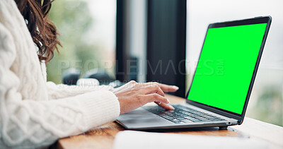 Buy stock photo Display, green screen and student in cafe with laptop, mock up and online assignment in ux design. Research, tech or girl in cafeteria with typing, chromakey or digital report in e learning.