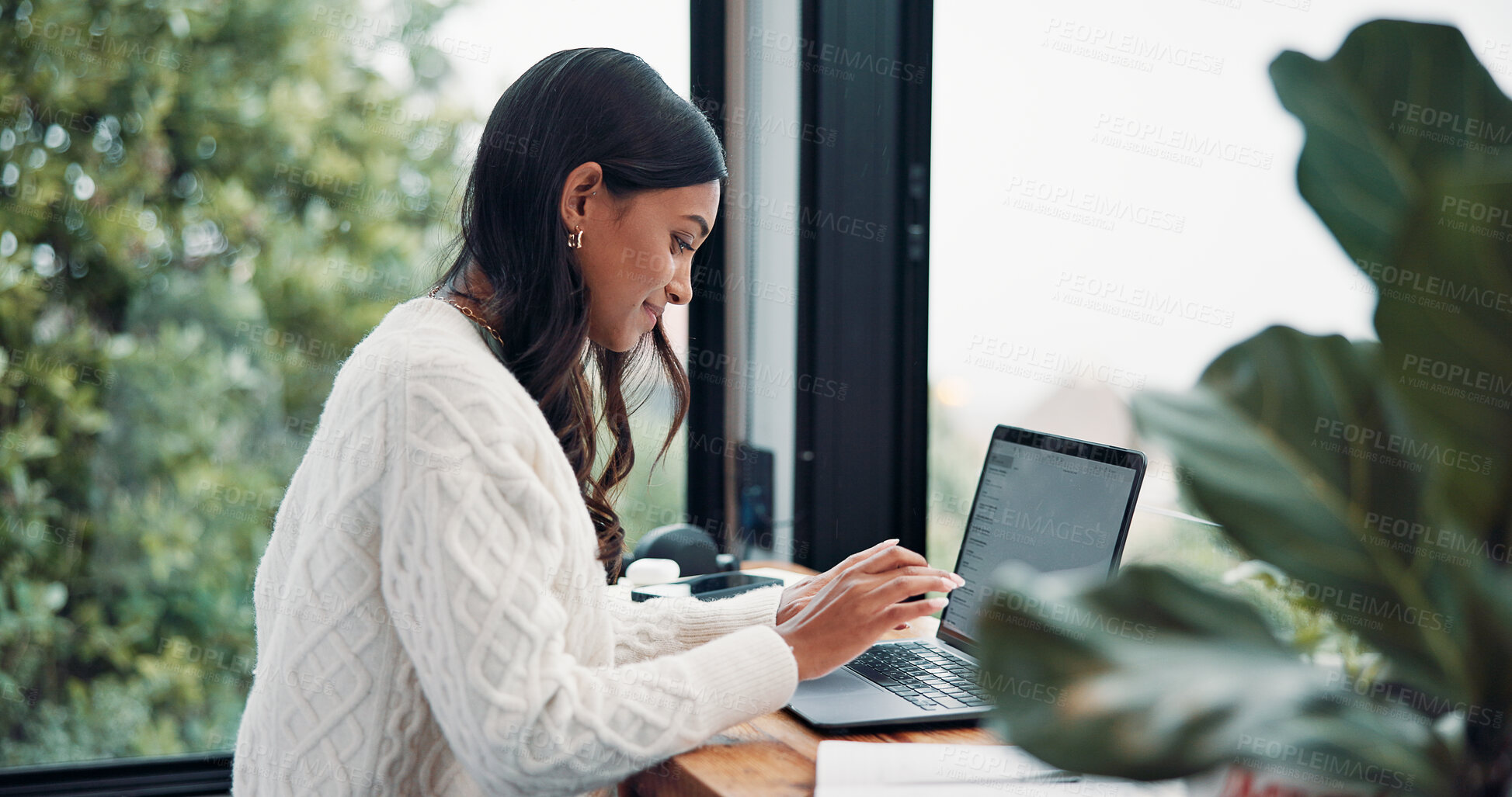 Buy stock photo Woman, email or remote work in home with laptop for HR support, payroll or benefits administration. Person, typing or review in house with computer for employee policy, management report or planning.