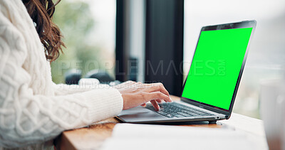 Buy stock photo Typing, green screen and student in cafe with laptop, mock up and online assignment in ux design. Research, display or girl in cafeteria with tech, chromakey or digital report in e learning.