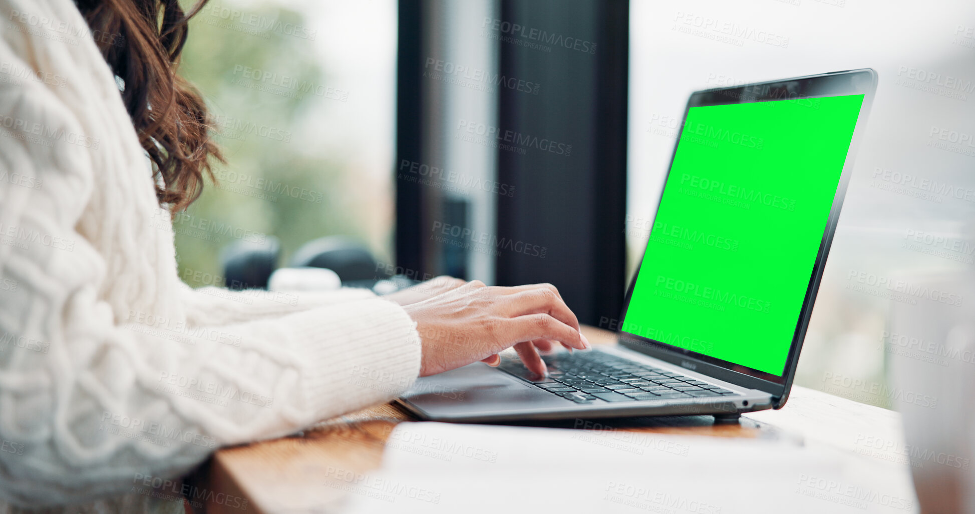 Buy stock photo Typing, green screen and student in cafe with laptop, mock up and online assignment in ux design. Research, display or girl in cafeteria with tech, chromakey or digital report in e learning.