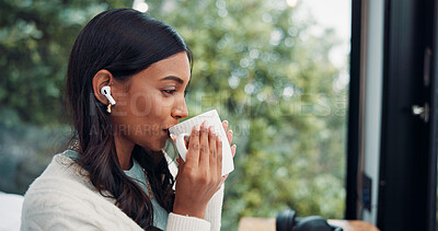 Buy stock photo Thinking, woman and drink coffee with earphones in home, streaming music or enjoy morning beverage. Tea, audio or Indian person in house for relax, reflection or listen to radio on weekend with bokeh