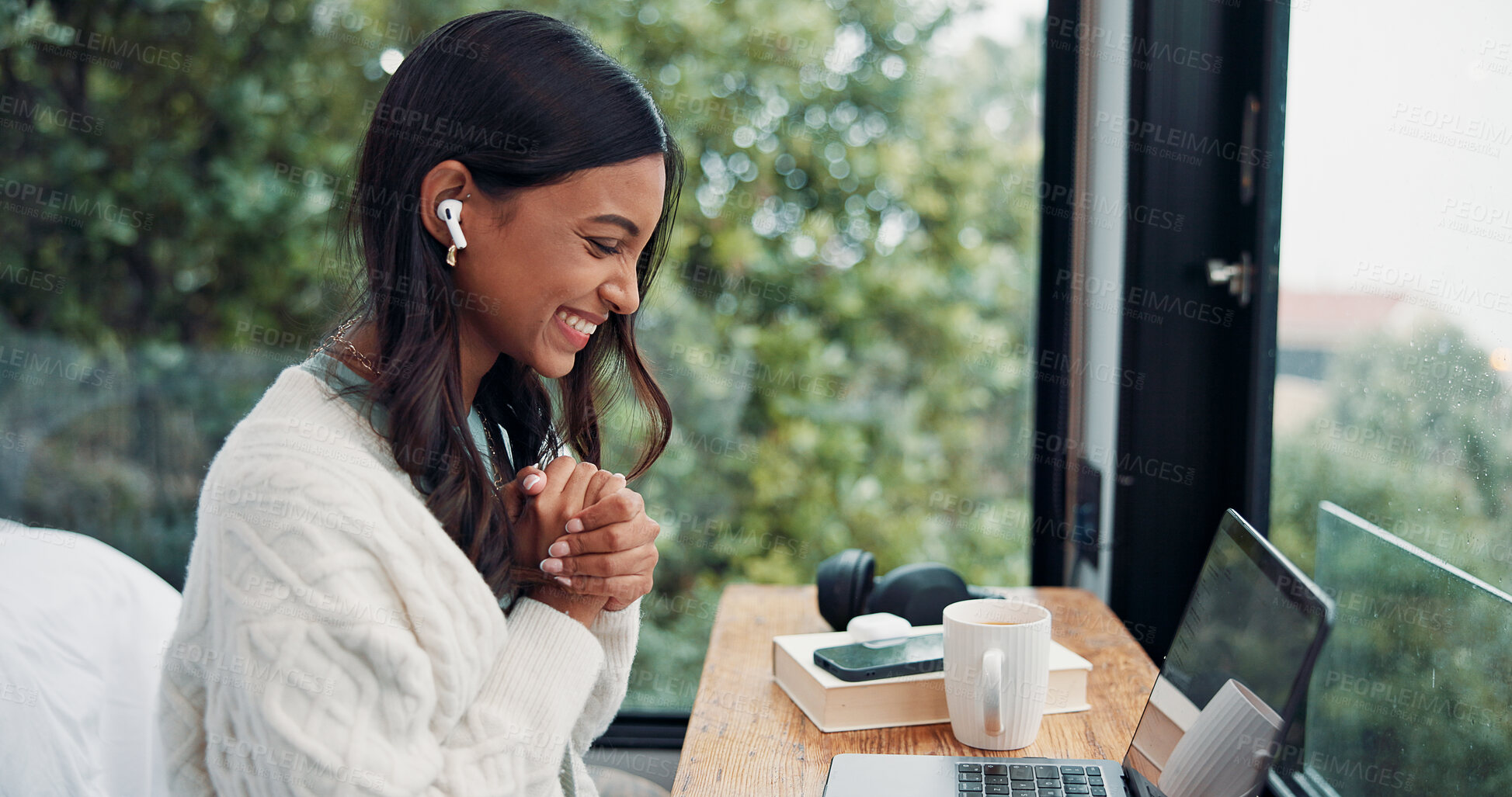 Buy stock photo Earphones, excited and laptop for remote work with woman at window in home for good news reaction. Computer, smile and success with happy freelance employee in apartment for bonus, goals or target