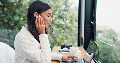 Buy stock photo Earphones, laptop and smile with woman in hotel for blog writer, streaming service and freelancer. Music subscription, destination research and resort review with person in house rental for audio