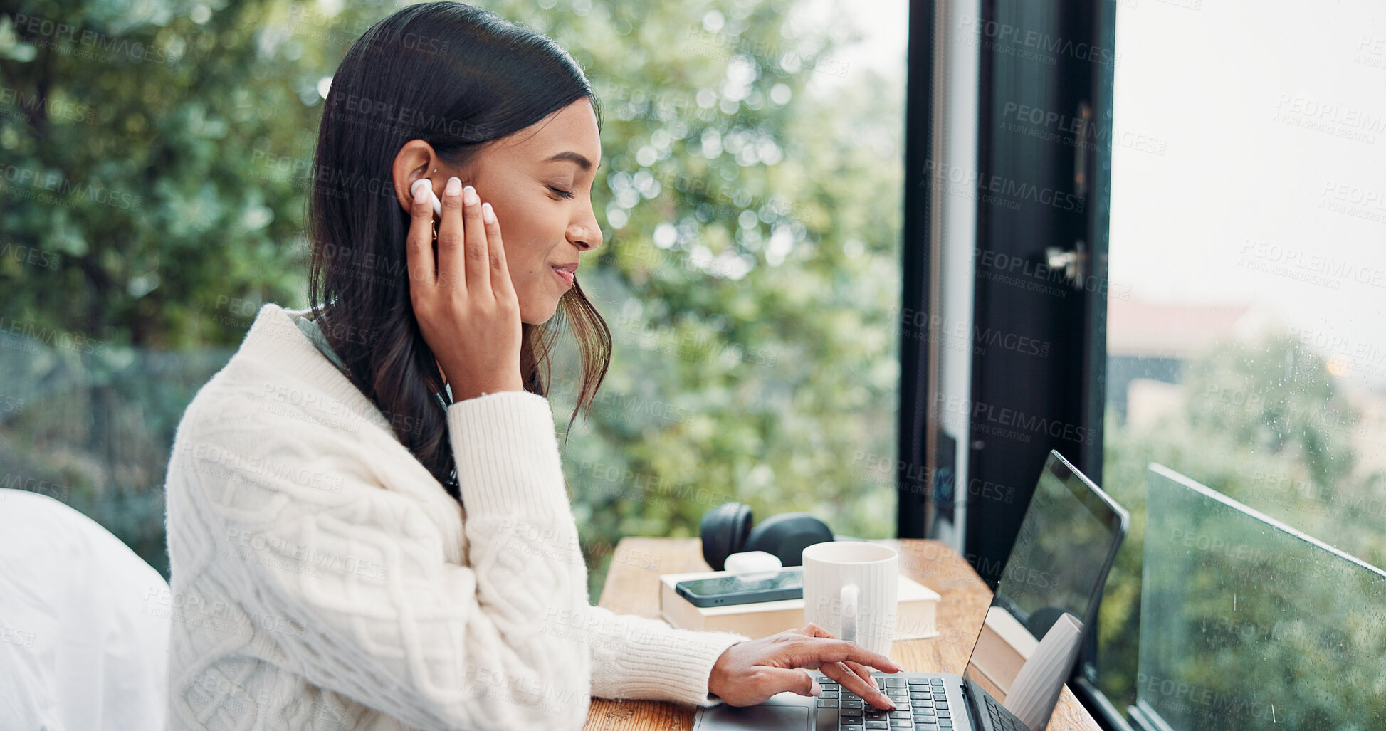 Buy stock photo Earphones, laptop and smile with woman in hotel for blog writer, streaming service and freelancer. Music subscription, destination research and resort review with person in house rental for audio