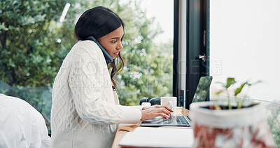 Buy stock photo Remote work, phone call and woman with laptop for schedule, networking and news source on balcony. Freelancer, journalist and communication in home for article questions, typing info and discussion