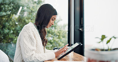 Buy stock photo Remote work, scrolling and tablet with woman in home for online planning or research at window. App, development and reading with freelance employee at desk in apartment for small business startup