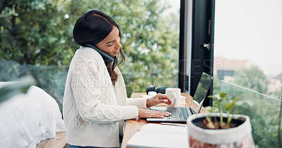 Buy stock photo Remote work, phone call and woman with laptop for planning, networking and news source on balcony. Freelancer, journalist and communication in home for article questions, typing info and discussion