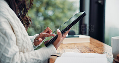 Buy stock photo Hands, remote work or woman in cafe with tablet, article edit or source contact for magazine. Digital nomad, notebook or journalist in coffee shop with tech, networking or story pitch for publication