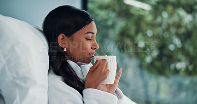 Buy stock photo Aroma, coffee and woman relax in bedroom for peace, calm and latte beverage. Morning, cup and thinking in home for weekend, breathing smell and profile of person with reflection and wellness in robe