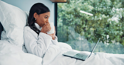 Buy stock photo Coffee, woman and laptop in bed in hotel room for proofreading story, review article or remote work. Digital nomad, journalist or tech with beverage for hospitality, submission or editing travel blog