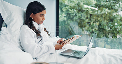 Buy stock photo Remote work, notebook and woman in bed with laptop for schedule, networking or news source. Freelancer, journalist and writing creative feedback in home for article questions, information or proposal