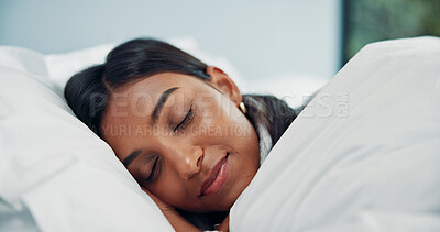 Buy stock photo Woman, sleeping and bed with sheets for rest, peaceful nap or dreaming with pillow in home. Tired, female person or asleep with duvet cover or blanket for comfort, snooze or weekend break in house