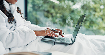 Buy stock photo Remote work, hands and woman in bed with laptop for typing, networking and news source research. Freelancer, journalist and creative feedback in home for article questions, information and proposal