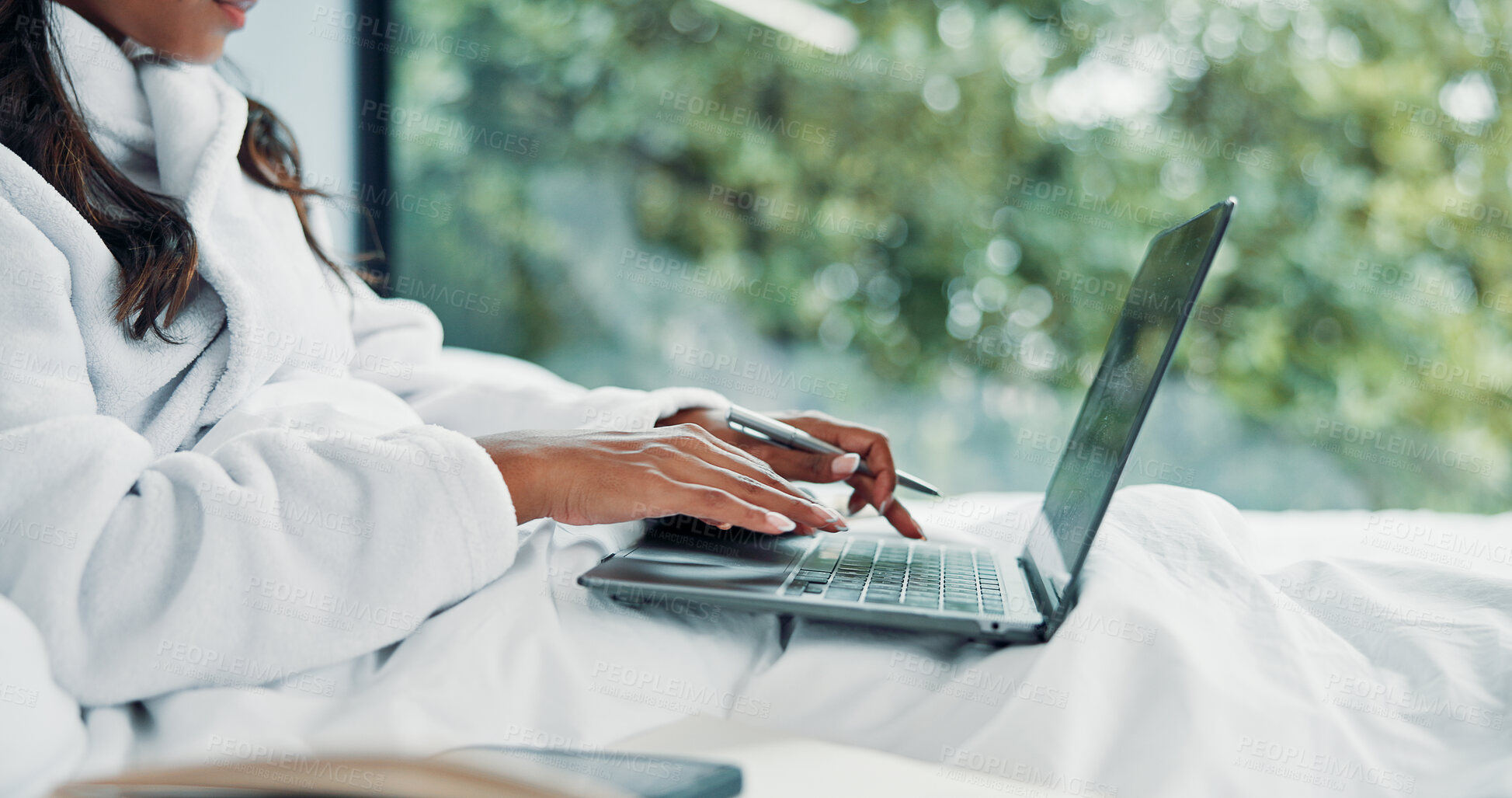 Buy stock photo Remote work, hands and woman in bed with laptop for typing, networking and news source research. Freelancer, journalist and creative feedback in home for article questions, information and proposal